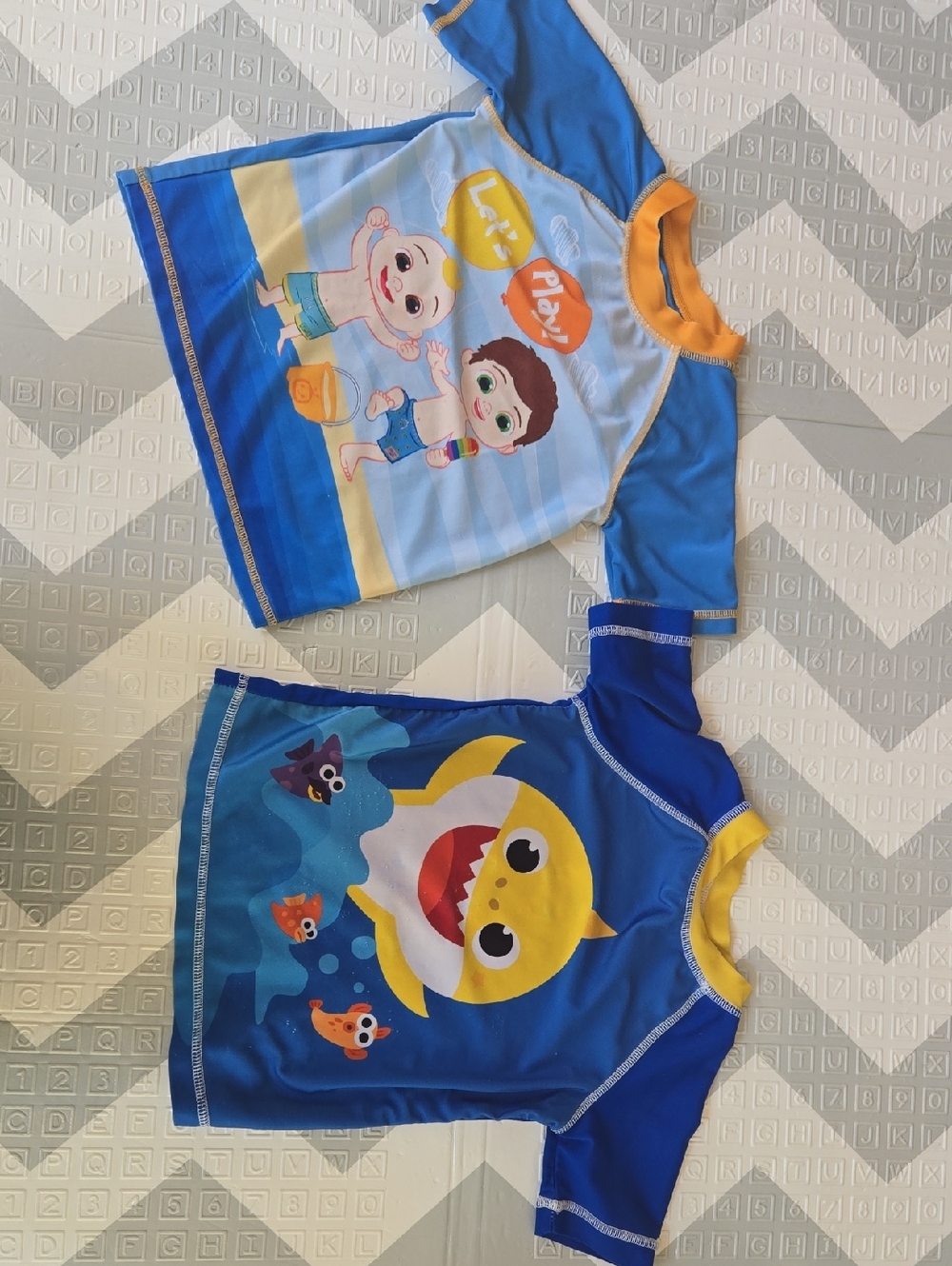 Kids Blue Shark & Cartoon Rash Guard Swim Tops - Set of 2